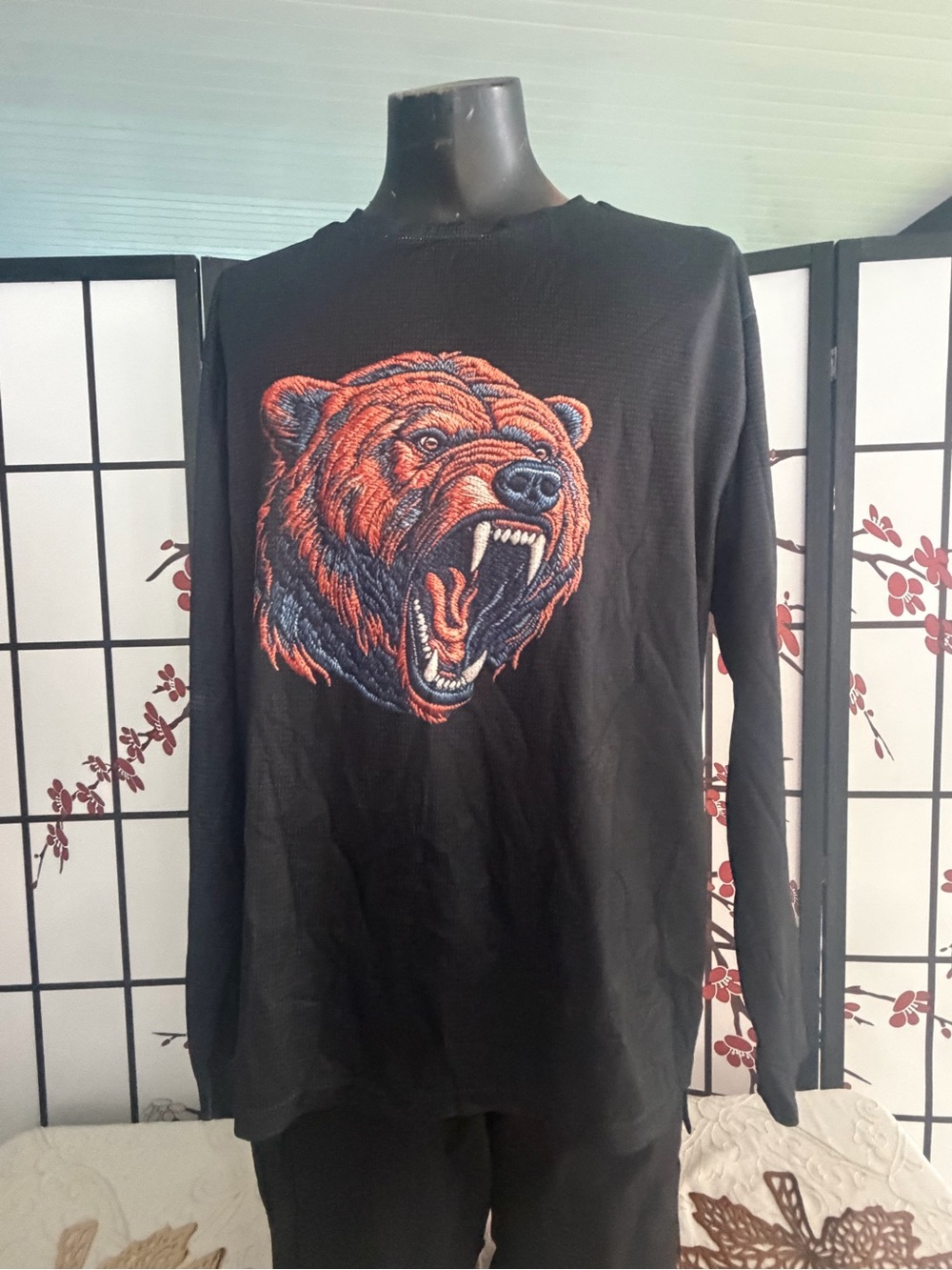 Men's Black Long-Sleeve Tee with Embroidered Orange Bear Graphic